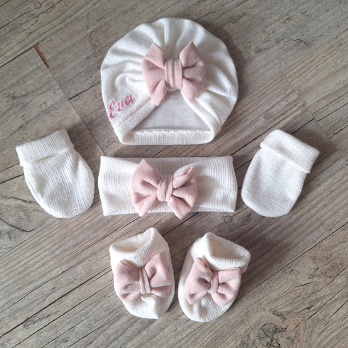 Ensemble prenom brodé Turban blanc nœud rose + moufles + bandeau + chaussons assortis. tissu chaud ou fin au choix